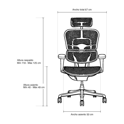 Dibujo técnico de la silla Ergohuman Fit con medidas, vista frontal