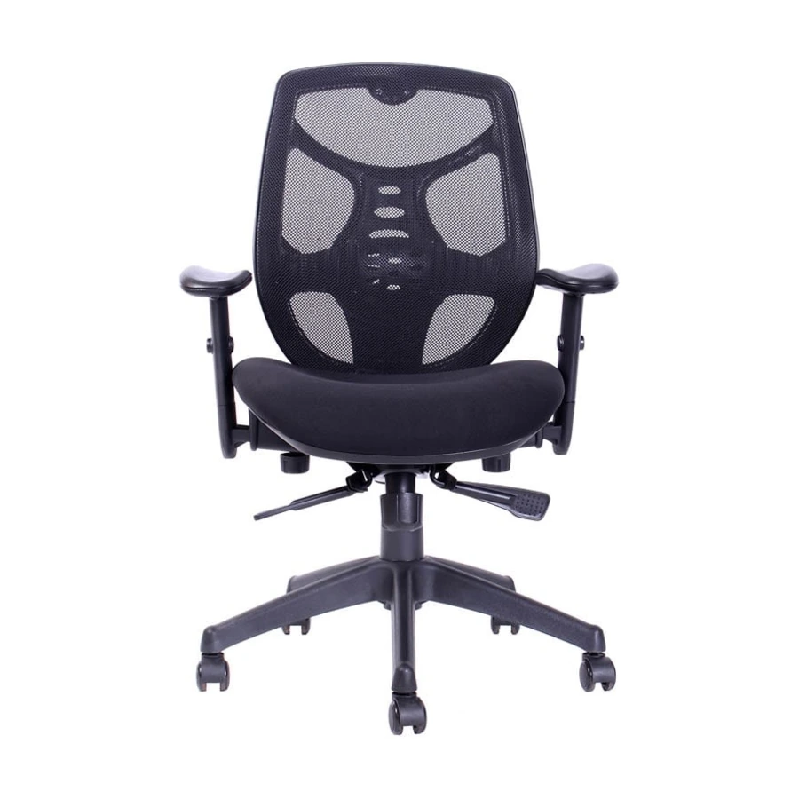 Silla Isa negra vista frontal, con respaldo de malla nervado y apoyabrazos de PU