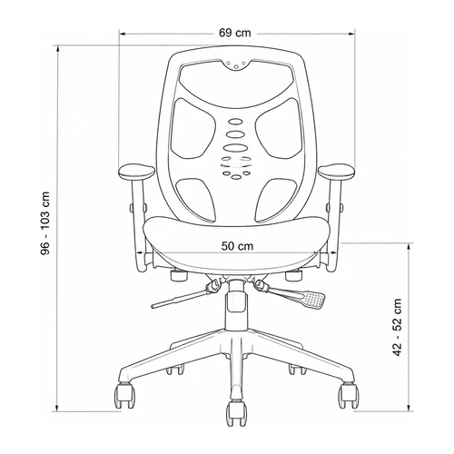 Dibujo tecnico frontal de la silla Isa: 69 cm de ancho, asiento de 50 cm, respaldo de 96 a 103 cm y asiento de 42 a 52 cm