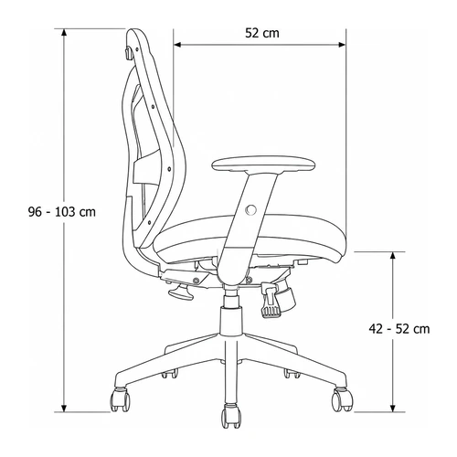 Dibujo tecnico lateral de la silla Isa: asiento de 52 cm de profundidad regulable de 42 a 52 cm de altura