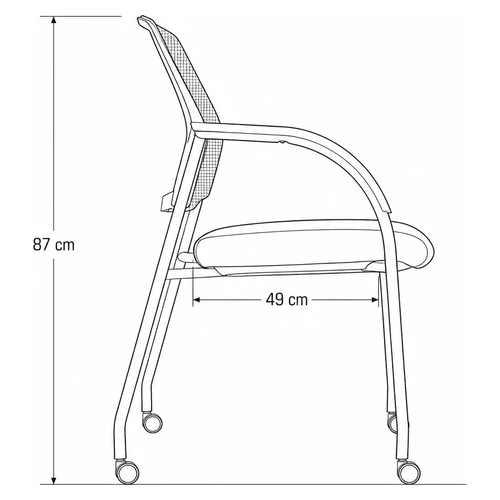 Dibujo tecnico lateral de la Silla Jazz: altura total 87 cm y profundidad de asiento 49 cm