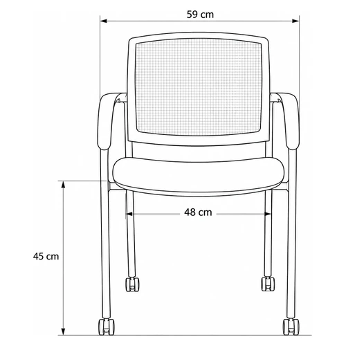 Dibujo tecnico frontal de la Silla Jazz: ancho total 59 cm, ancho de asiento 48 cm y altura de asiento 45 cm