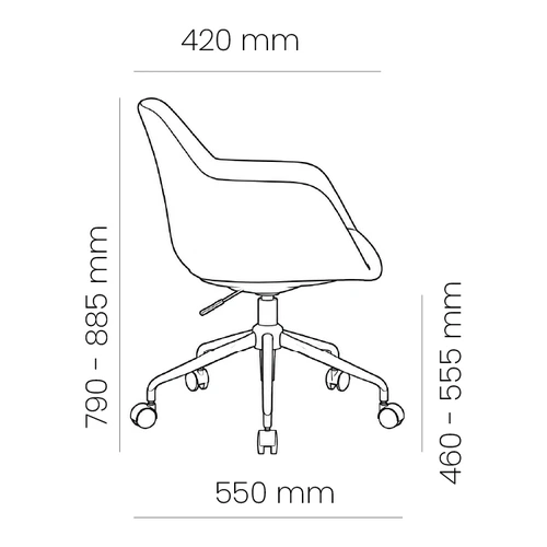 Dibujo técnico de la Silla Kahlo Giratoria con medidas, vista lateral