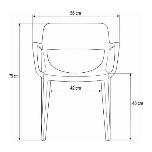 Dibujo tecnico frontal de la silla Klint: 56 cm de ancho, asiento de 42 cm, 79 cm de alto y asiento a 46 cm