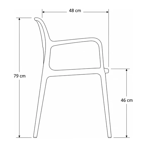 Dibujo tecnico lateral de la silla Klint: asiento de 48 cm de profundidad y 46 cm de altura