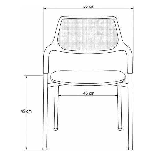 Dibujo tecnico frontal de la Silla Meta: ancho total 55 cm, ancho de asiento 45 cm y altura de asiento 45 cm