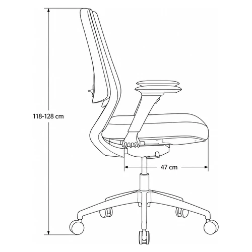 Dibujo tecnico lateral de la Silla Ness: altura total de 118 a 128 cm y profundidad de asiento 47 cm