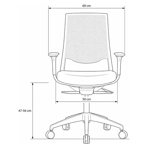 Dibujo tecnico frontal de la Silla Ness: ancho total 69 cm, ancho de asiento 50 cm y altura de asiento de 47 a 56 cm
