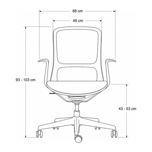 Dibujo tecnico frontal de la silla Nori: 68 cm de ancho, asiento de 49 cm, respaldo de 93 a 103 cm y asiento de 43 a 53 cm