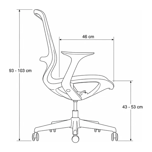 Dibujo tecnico lateral de la silla Nori: asiento de 46 cm de profundidad regulable de 43 a 53 cm de altura