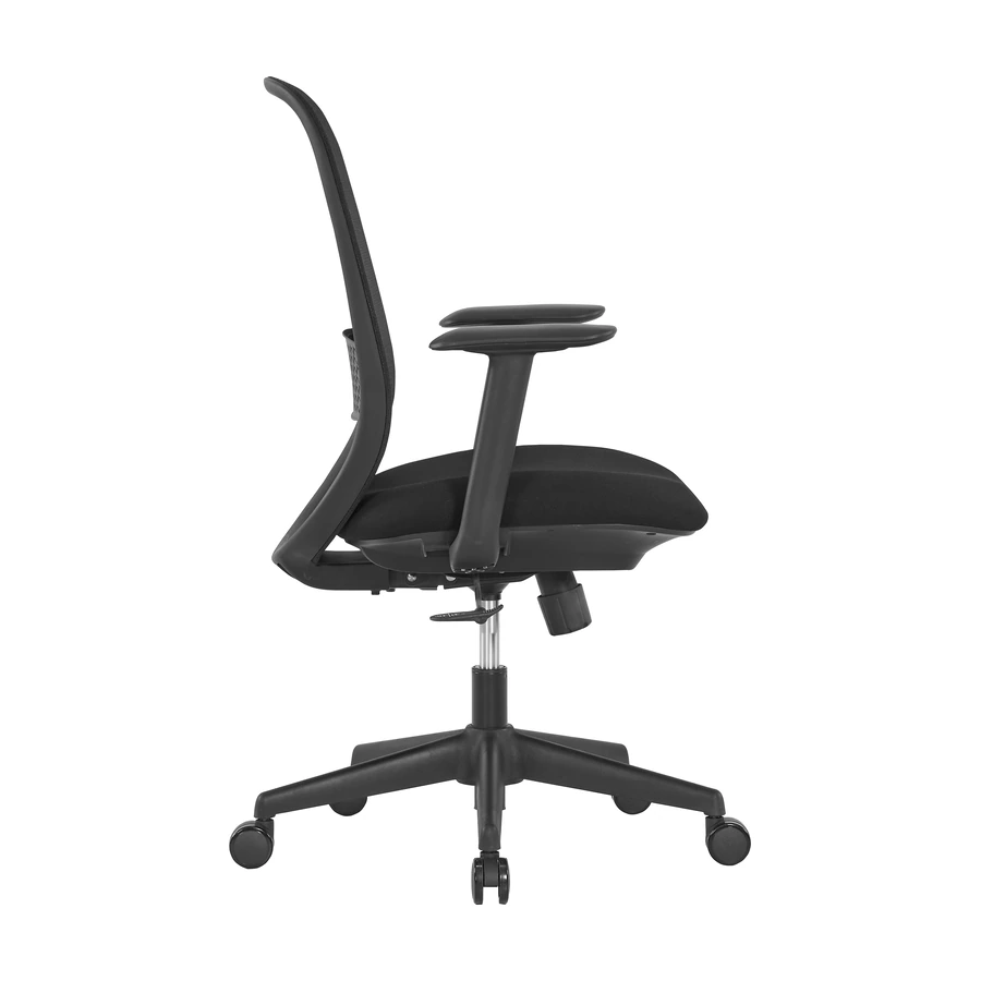 Silla Oliva negra vista lateral, con respaldo de malla y mecanismo sincrónico