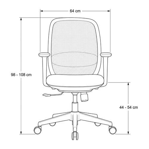 Dibujo técnico frontal de la silla Oliva: 64 cm de ancho, respaldo de 98 a 108 cm y asiento de 44 a 54 cm