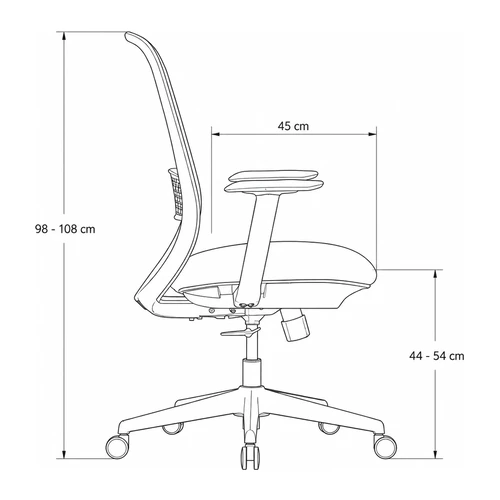 Dibujo técnico lateral de la silla Oliva: asiento de 45 cm de profundidad regulable de 44 a 54 cm de altura