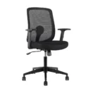 Silla operativa Dot negra en tres cuartos, con respaldo de malla y soporte lumbar central
