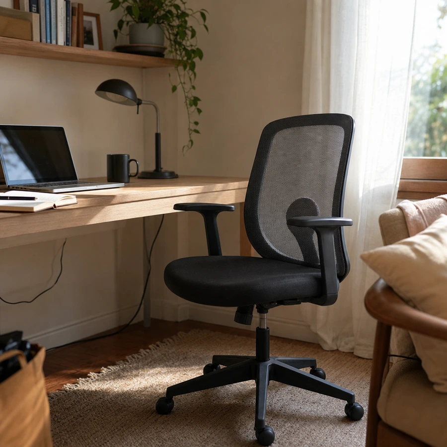 Silla operativa Dot negra en un escritorio de home office junto a una ventana