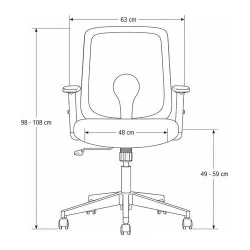 Dibujo tecnico frontal de la silla Dot: 63 cm de ancho, asiento de 48 cm, respaldo de 98 a 108 cm y asiento de 49 a 59 cm