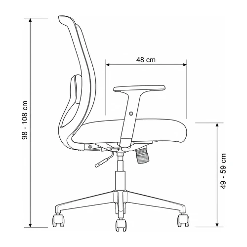 Dibujo tecnico lateral de la silla Dot: asiento de 48 cm de profundidad regulable de 49 a 59 cm de altura