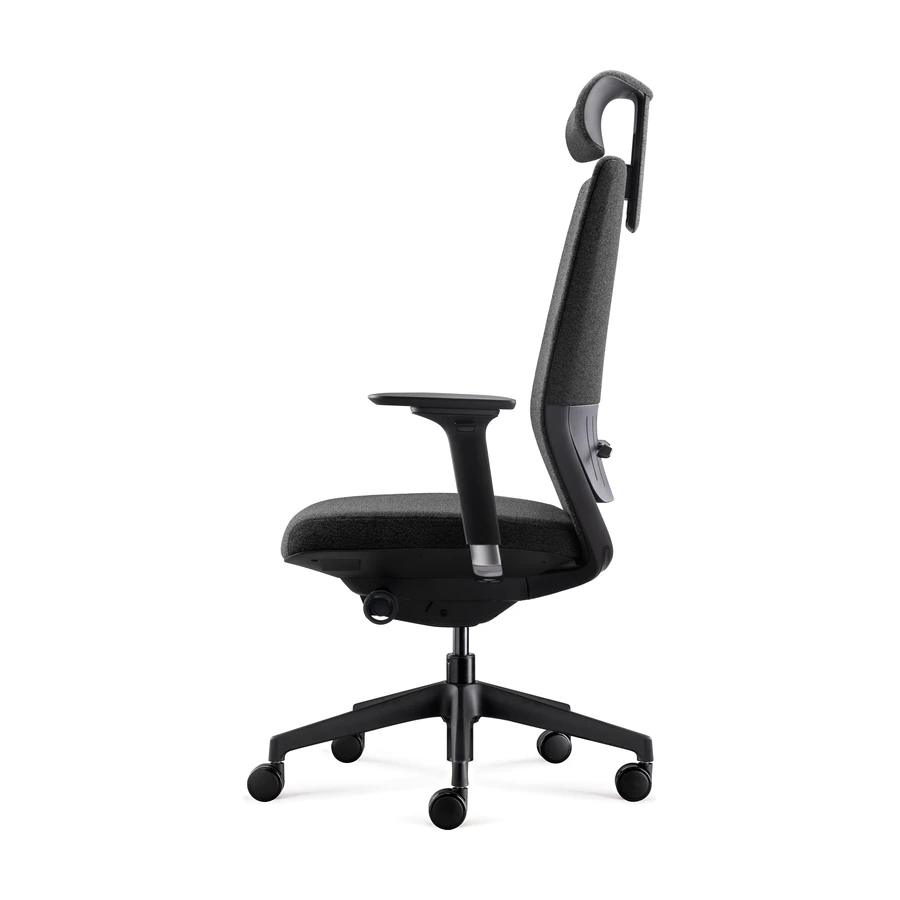 Silla Saga vista lateral en perspectiva, con deslizador de asiento y base de nylon