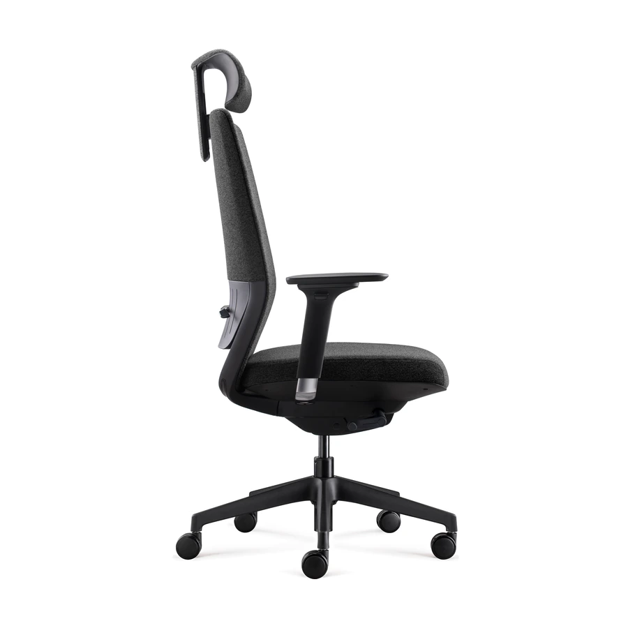 Silla Saga vista lateral, con respaldo de marco dual y mecanismo sincronico