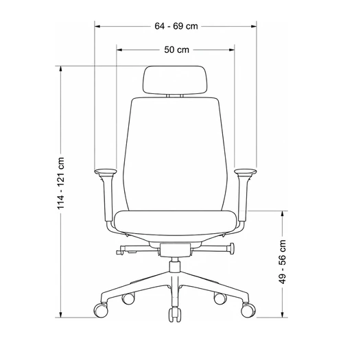 Dibujo tecnico frontal de la silla Saga: 64 a 69 cm de ancho, asiento de 50 cm, respaldo de 114 a 121 cm y asiento de 49 a 56 cm
