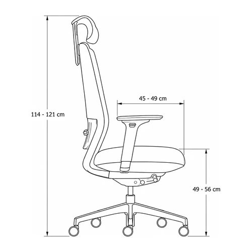 Dibujo tecnico lateral de la silla Saga: asiento de 45 a 49 cm de profundidad regulable de 49 a 56 cm de altura