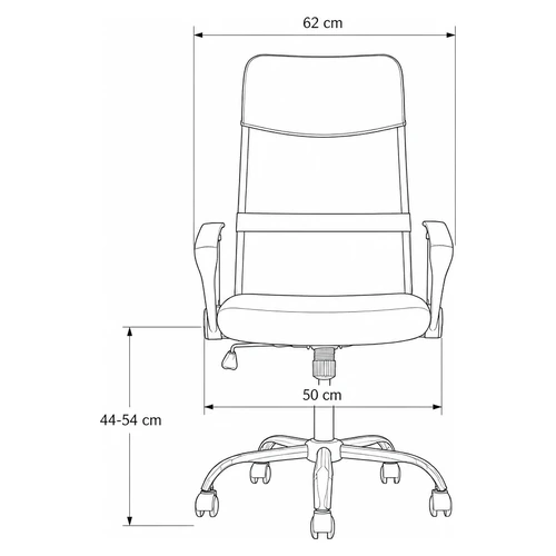 Dibujo tecnico frontal de la Silla Sinfonia: ancho total 62 cm, ancho de asiento 50 cm y altura de asiento regulable de 44 a 54 cm