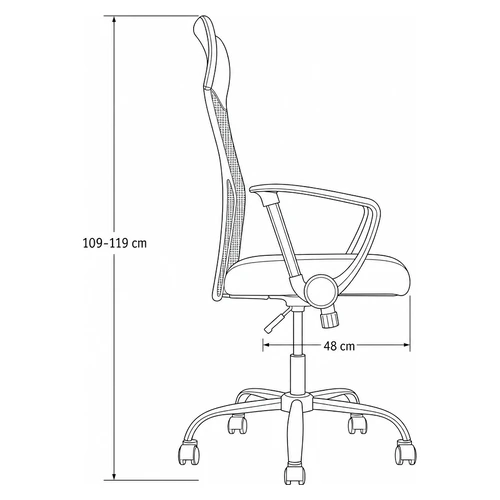 Dibujo tecnico lateral de la Silla Sinfonia: altura total regulable de 109 a 119 cm y profundidad de asiento 48 cm