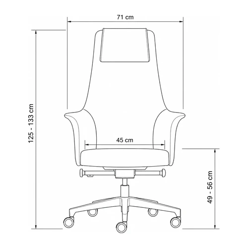 Dibujo tecnico frontal del sillon Accord: 71 cm de ancho, asiento de 45 cm, respaldo de 125 a 133 cm y asiento de 49 a 56 cm