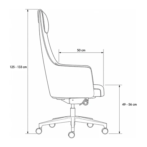 Dibujo tecnico lateral del sillon Accord: asiento de 50 cm de profundidad regulable de 49 a 56 cm de altura