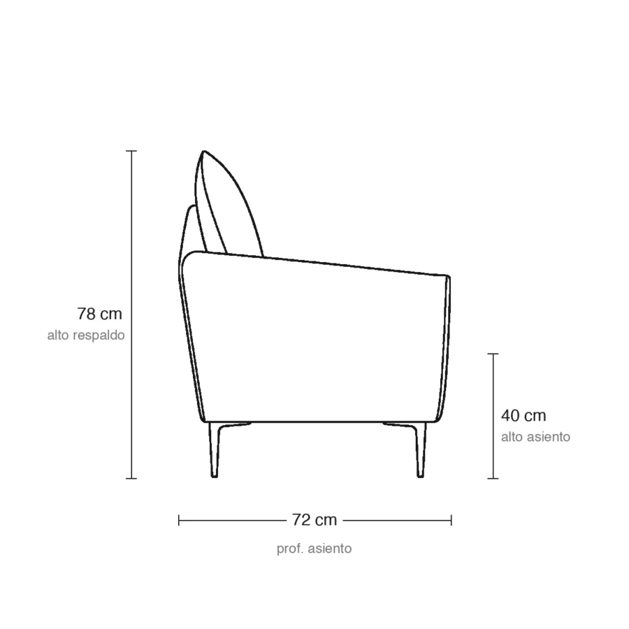 Dibujo técnico del Sillón Bingo individual con medidas, vista lateral