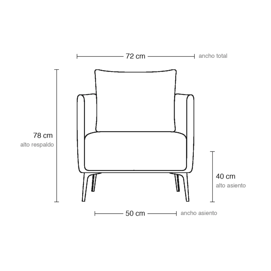 Dibujo técnico del Sillón Bingo individual con medidas, vista frontal