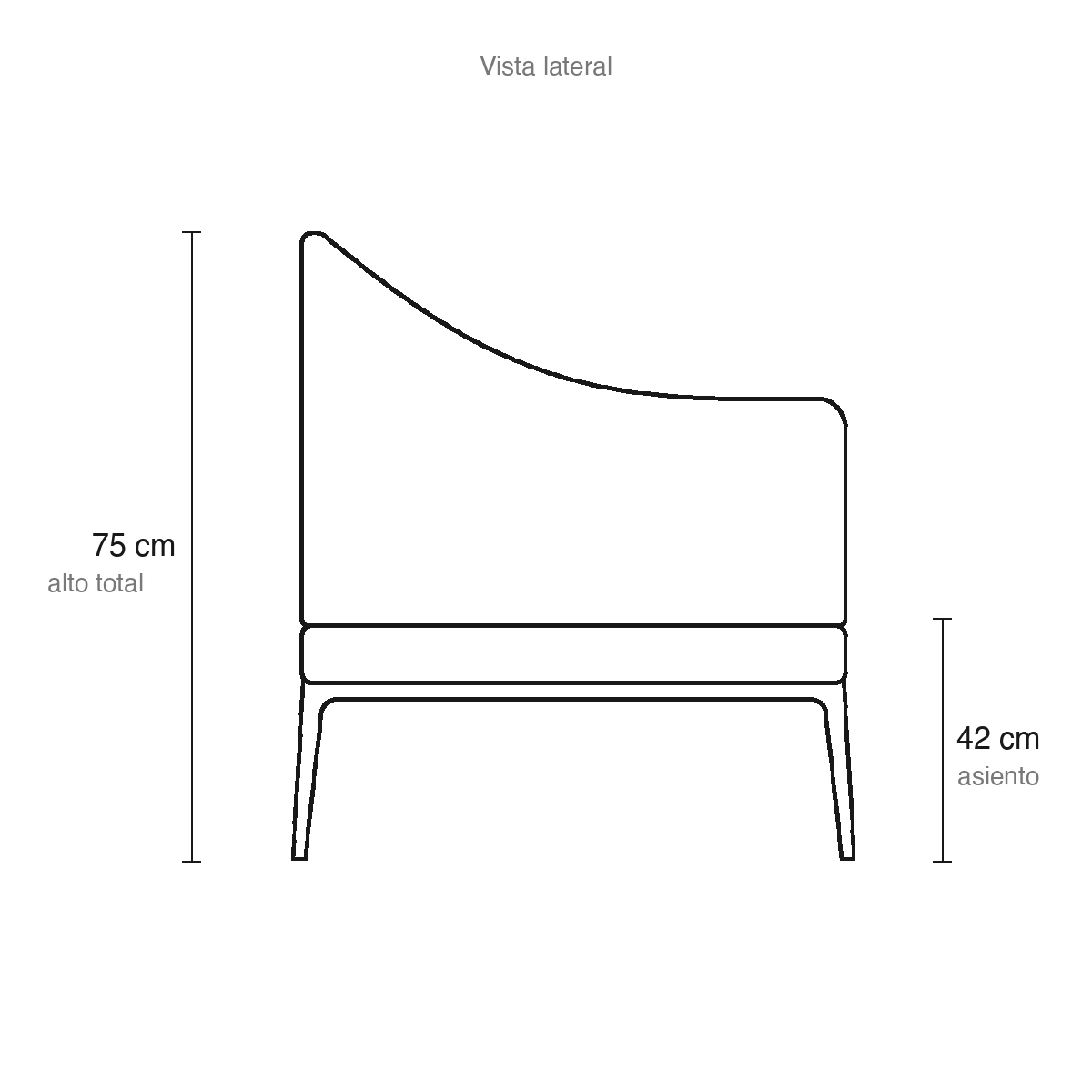 Dibujo técnico del Sillón Gama con medidas, vista lateral