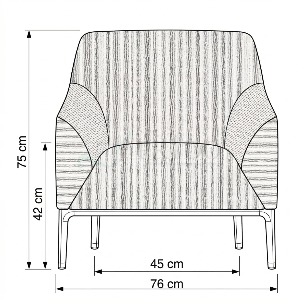 Dibujo técnico del Sillón Gama con medidas, vista frontal