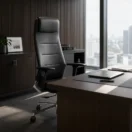 Sillon gerencial Argos negro tras un escritorio de madera en una oficina ejecutiva con ventanal