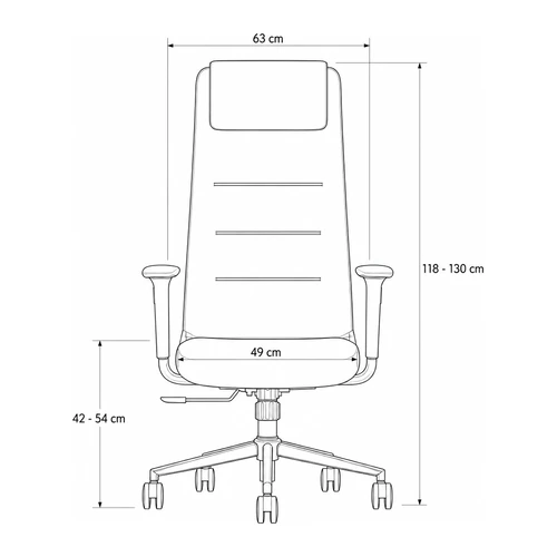 Dibujo tecnico frontal del sillon Argos: 63 cm de ancho, asiento de 49 cm, respaldo de 118 a 130 cm y asiento de 42 a 54 cm