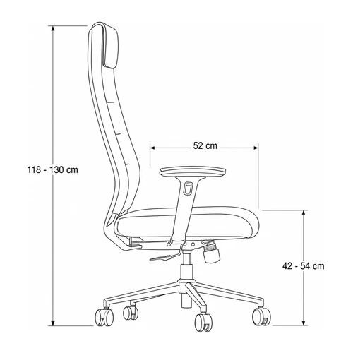 Dibujo tecnico lateral del sillon Argos: asiento de 52 cm de profundidad regulable de 42 a 54 cm de altura
