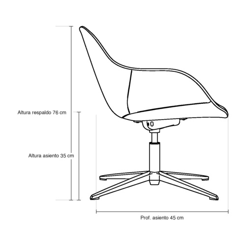 Dibujo técnico del sillón Loto con medidas, vista lateral