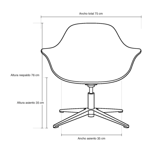 Dibujo técnico del sillón Loto con medidas, vista frontal