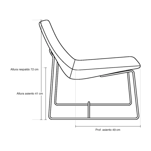 Dibujo técnico del sillón Sone con medidas, vista lateral