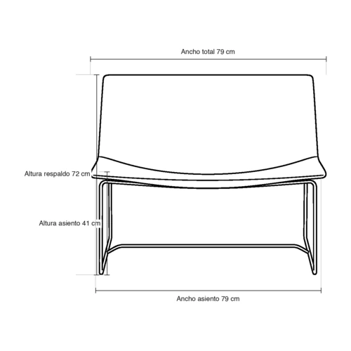 Dibujo técnico del sillón Sone con medidas, vista frontal