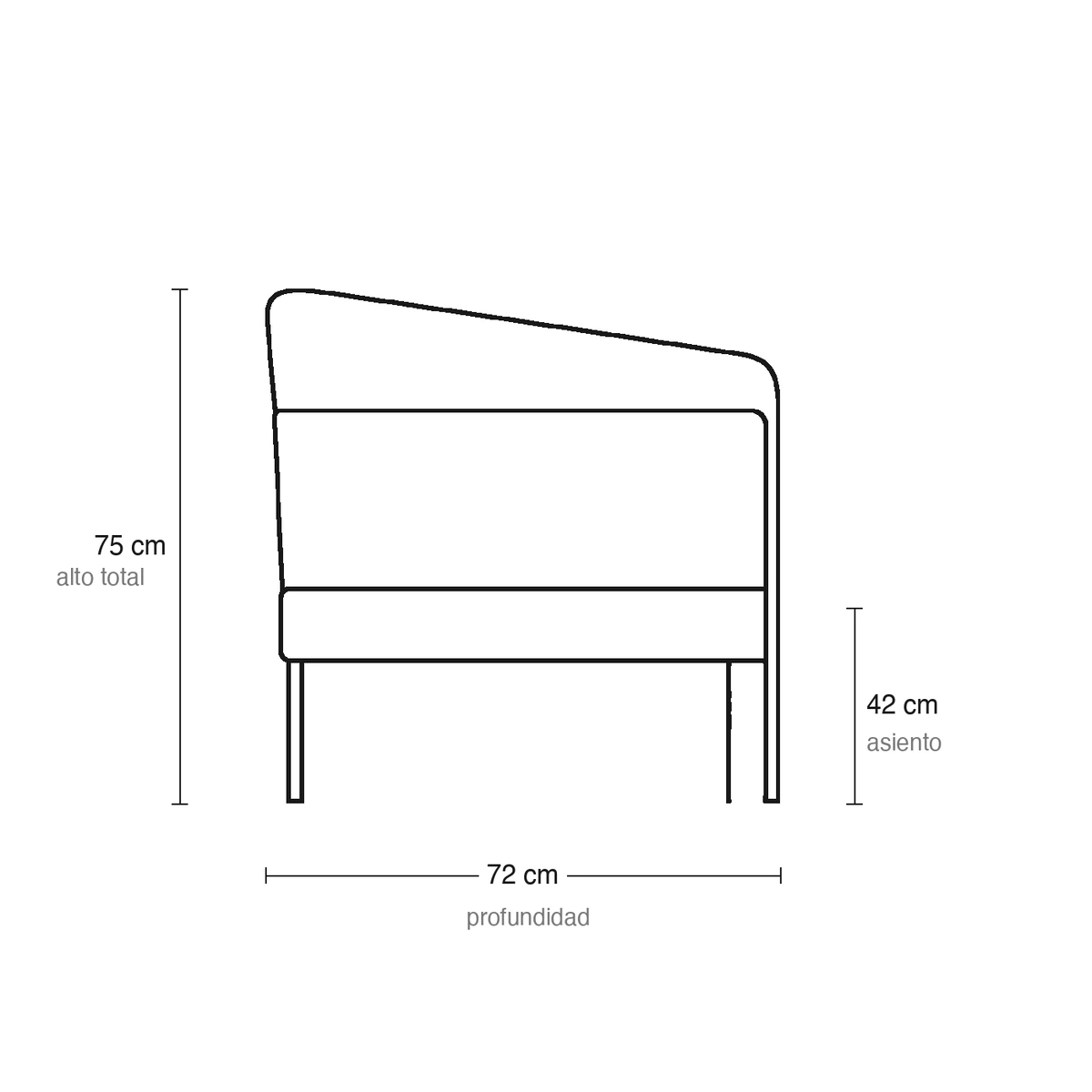 Dibujo técnico del Sofá Alfa con medidas, vista lateral común a las tres versiones