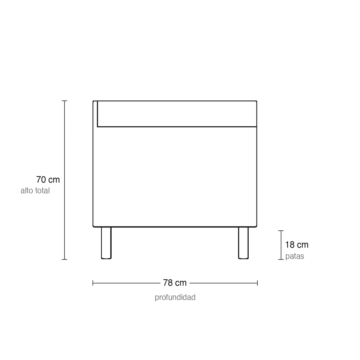 Dibujo técnico del Sofá Boss con medidas, vista lateral común a las tres versiones