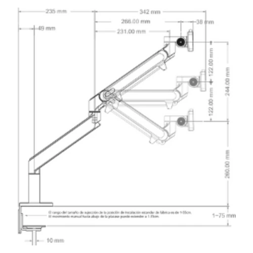 Dibujo tecnico del Soporte Oz Doble con el alcance del brazo, el rango vertical y el espesor de cubierta
