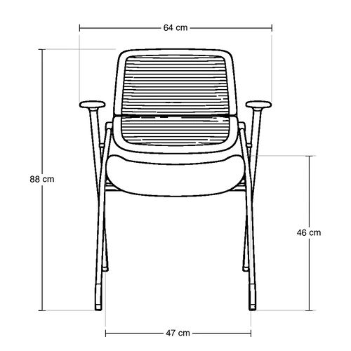 Dibujo técnico de la Silla de Visita Flex con medidas, vista frontal