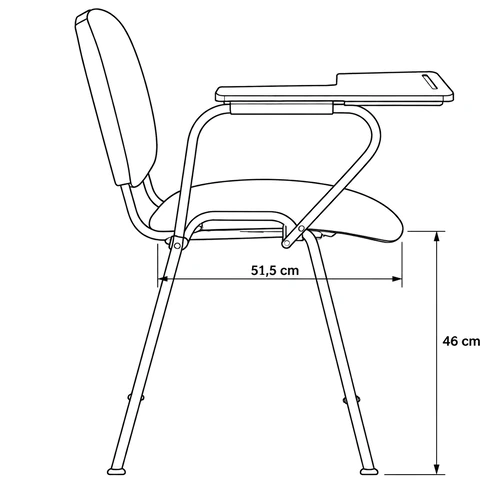 Dibujo técnico lateral de la Silla Universitaria Iso Tapizada A/N con medidas: 51,5 cm de profundidad y 46 cm de altura de asiento