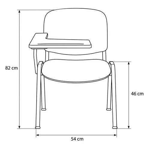 Dibujo técnico frontal de la Silla Universitaria Iso Tapizada A/N con medidas: 82 cm de alto, 54 cm de ancho y 46 cm de altura de asiento