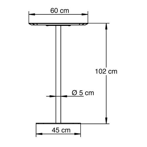 Dibujo técnico de la Mesa Holly Alta con medidas, vista frontal: cubierta de 60 cm, altura de 102 cm y base de 45 cm