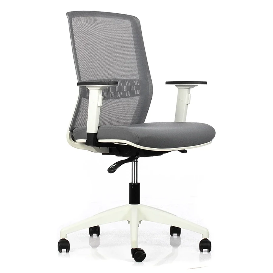 Silla ejecutiva Big Boss Blanca vista tres cuartos con respaldo de malla gris y base blanca de cinco ruedas