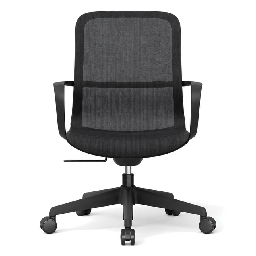 Silla Hilton negra vista frontal, con respaldo reclinable de malla y brazos fijos envolventes