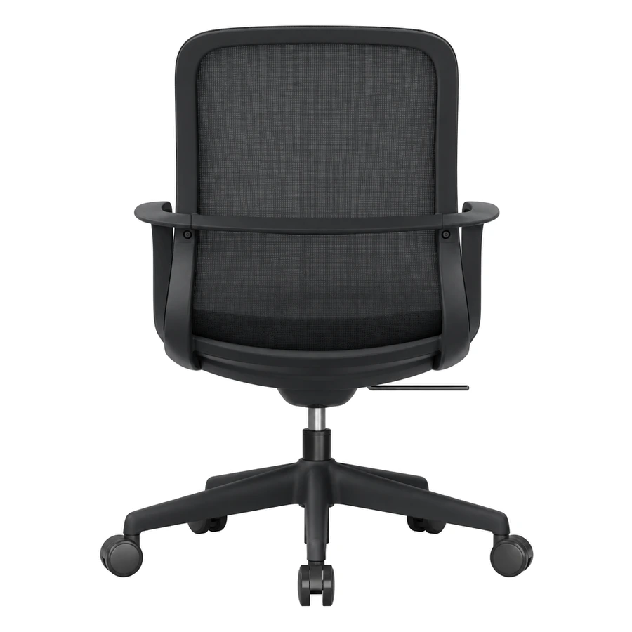 Silla Hilton negra vista trasera, con respaldo reclinable de malla y brazos fijos envolventes